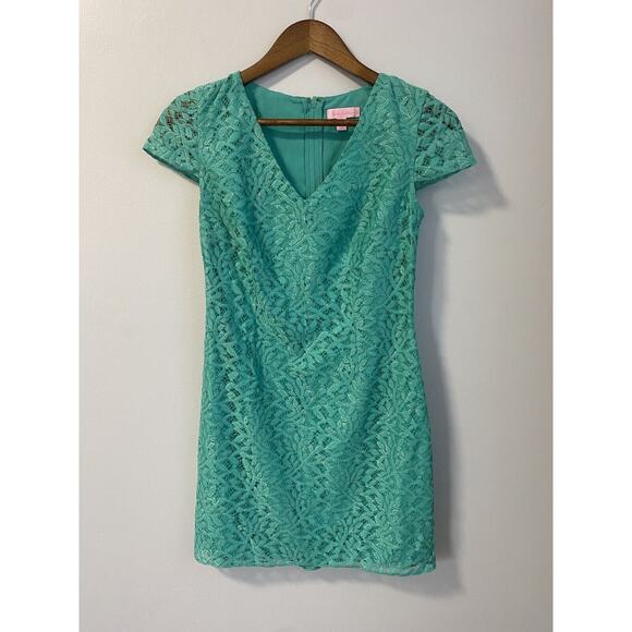 Lilly Pulitzer Erica Seafoam Green Metallic Jungle Lace Shift Dress $228 XS EUC - Picture 1 of 6